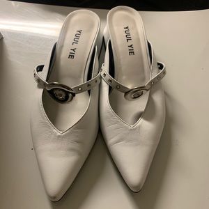 White low heeled mules